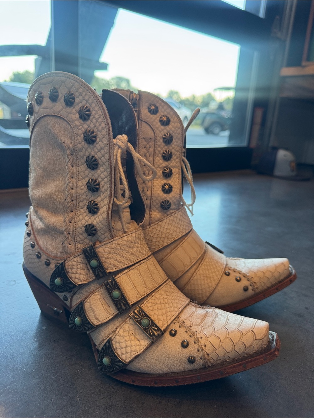 Lane Ivory Western-Style Ankle Booties with Studded Strap Accents